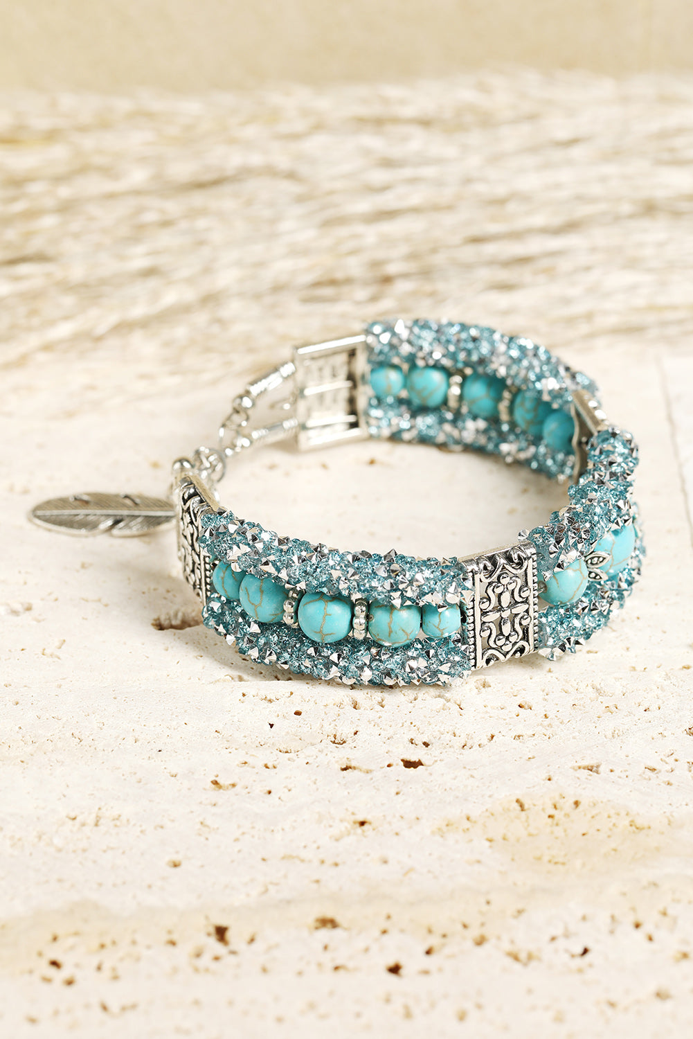 Western Turquoise Beads Rhinestone Carved Bracelet