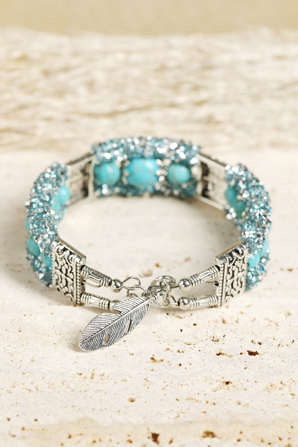 Western Turquoise Beads Rhinestone Carved Bracelet