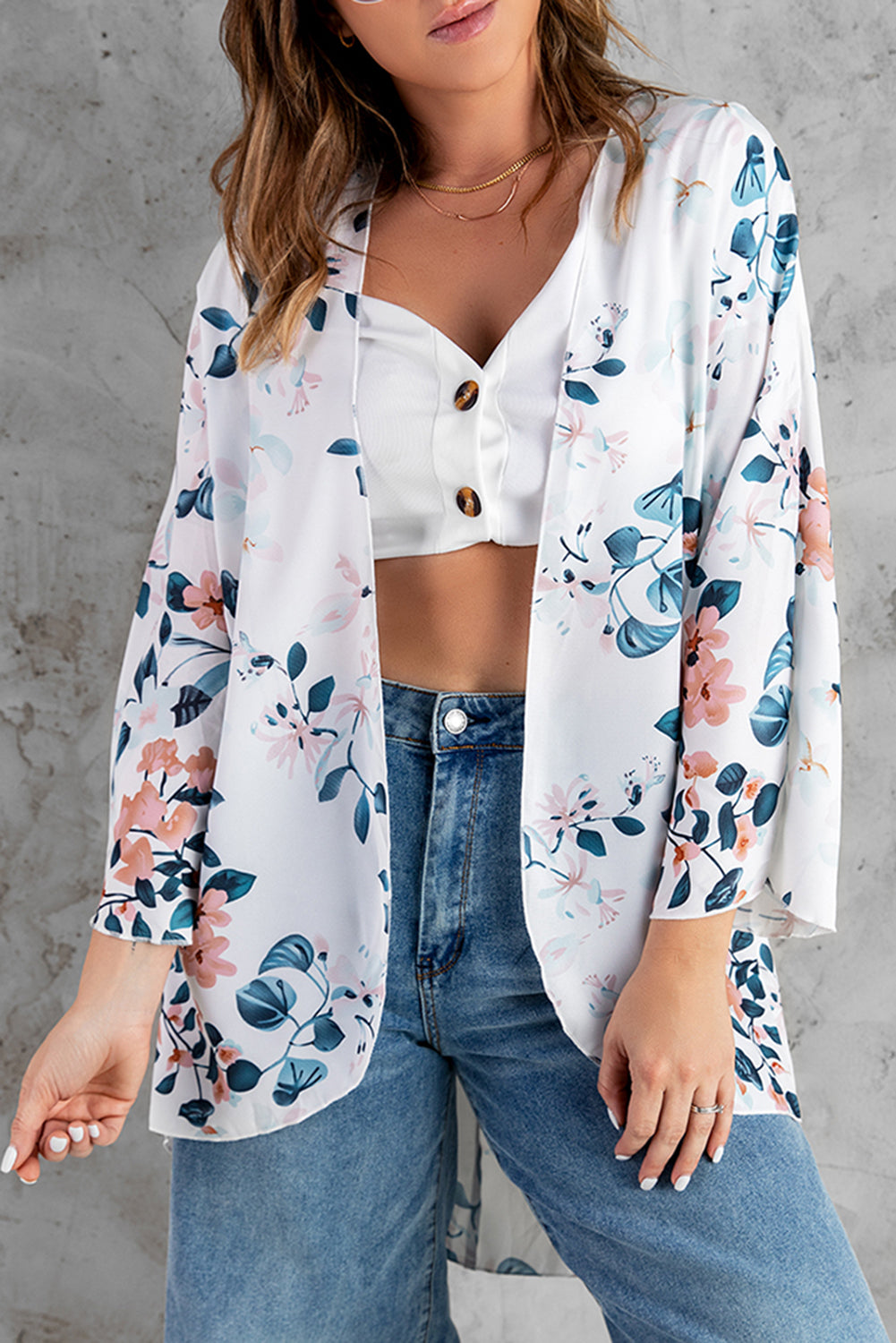 Floral Print 3/4 Sleeve High Low Open Front Kimono