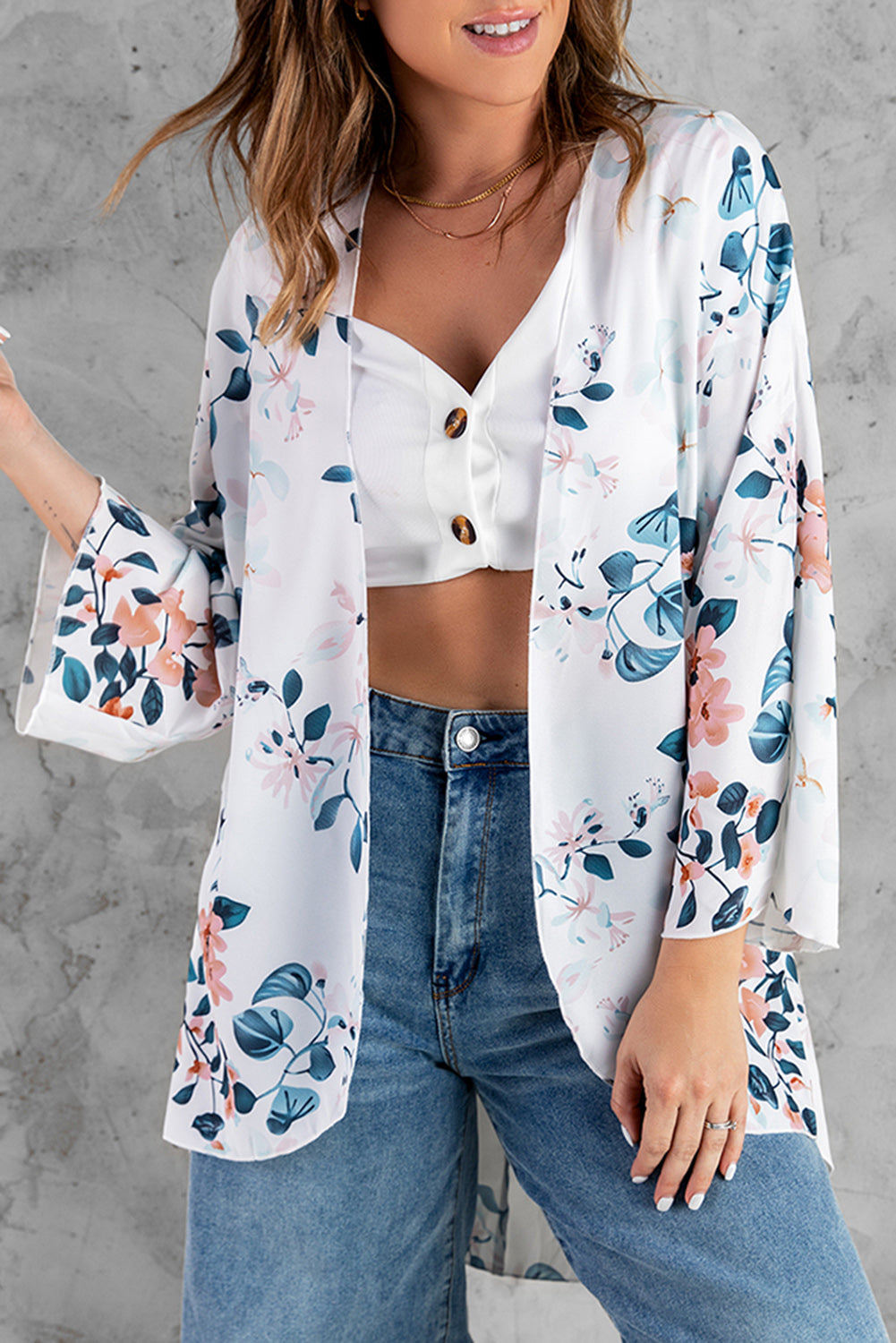 Floral Print 3/4 Sleeve High Low Open Front Kimono