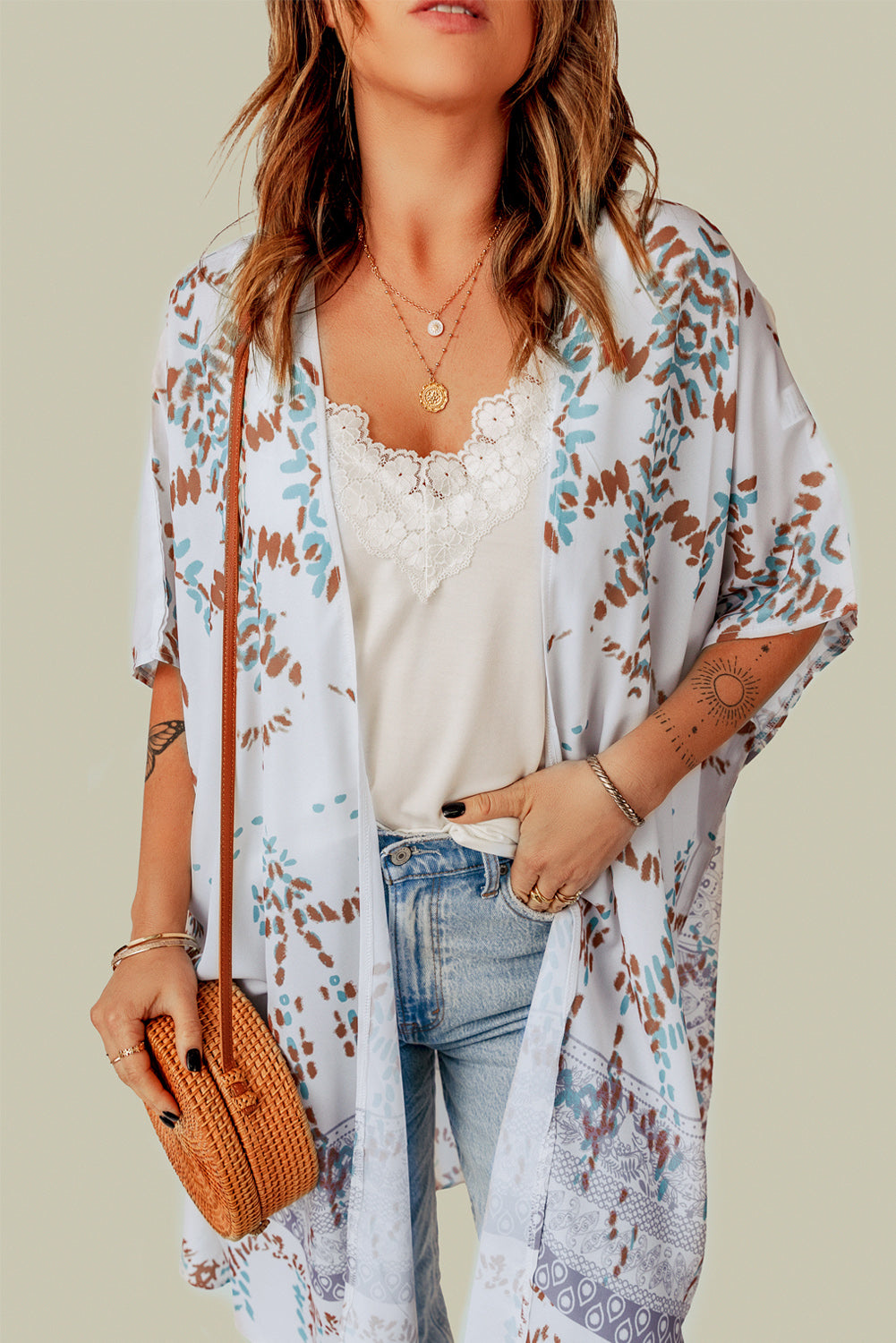Pattern Print Open Front Kimono with Side Slit