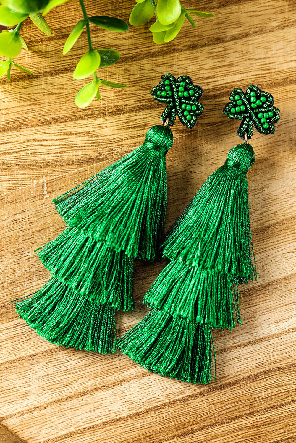 St. Patricks Day Beaded Layered Tassel Earrings