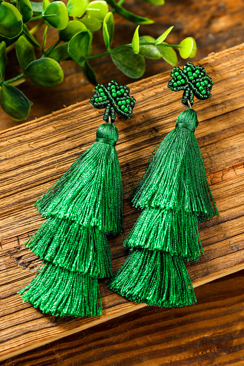 St. Patricks Day Beaded Layered Tassel Earrings